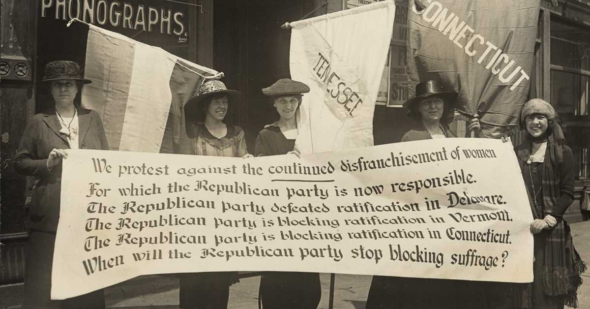 National Woman's Party members picketing the Republican convention, Chicago, June 1920. L-R Abby Scott Baker, Florence Taylor Marsh, Sue Shelton White, Elsie Hill, Betty Gram.